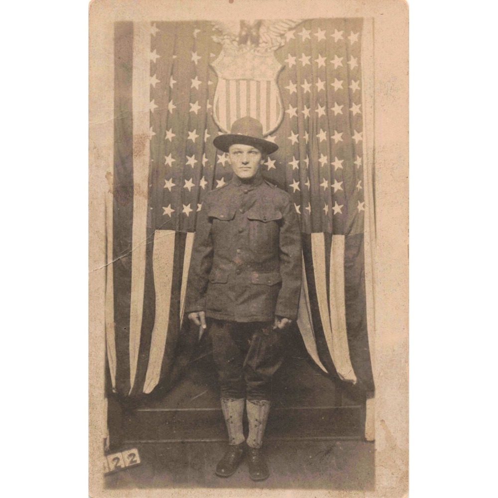 Antique WWI US Army Soldier RPPC Real Photo Postcard American Flag VG - Picture 1 of 2